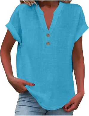Linen Shirts for Women 2025 Summer Casual V Neck Button Down Blouses Vacation Short Sleeve Office Work Henley Tops