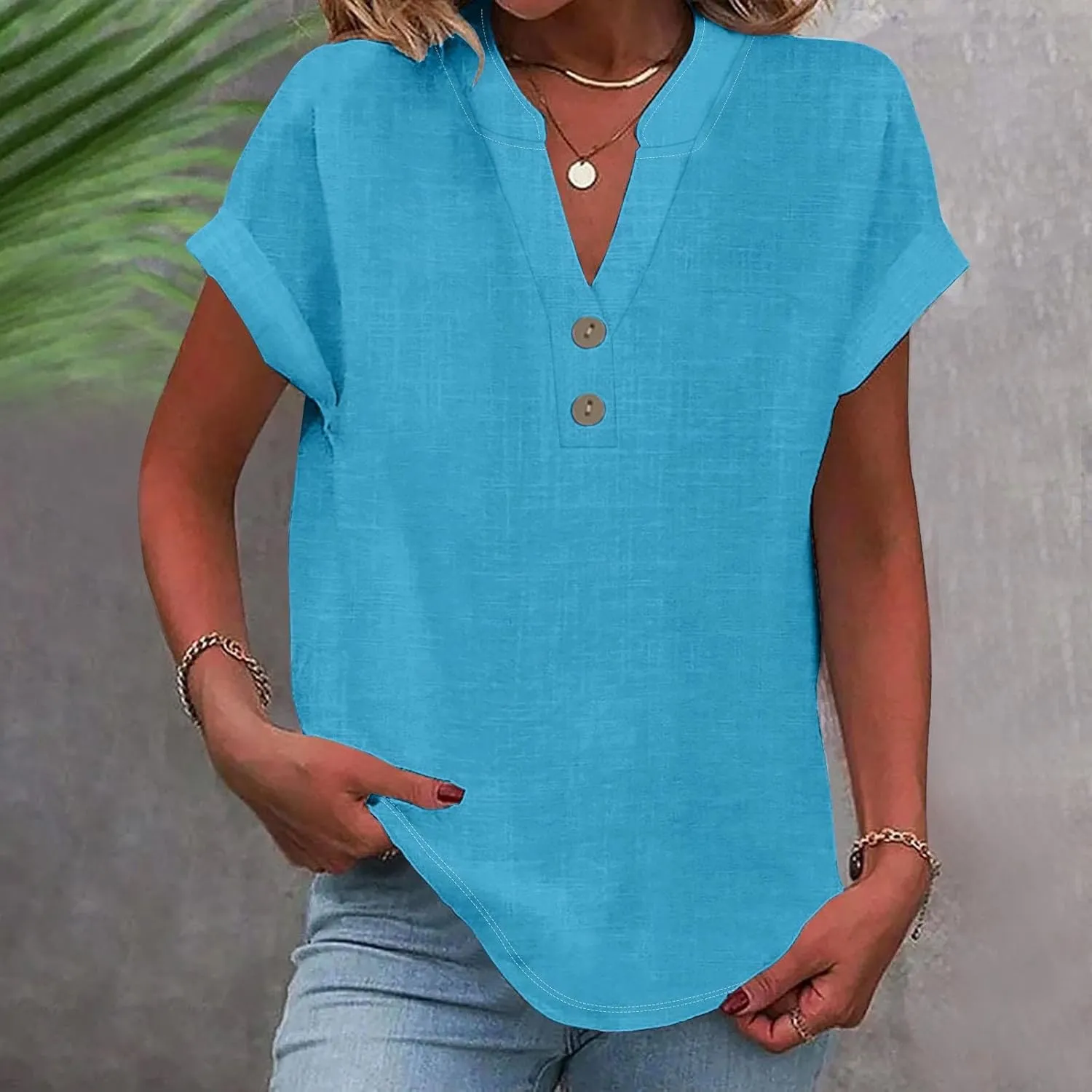 Linen Shirts for Women 2025 Summer Casual V Neck Button Down Blouses Vacation Short Sleeve Office Work Henley Tops