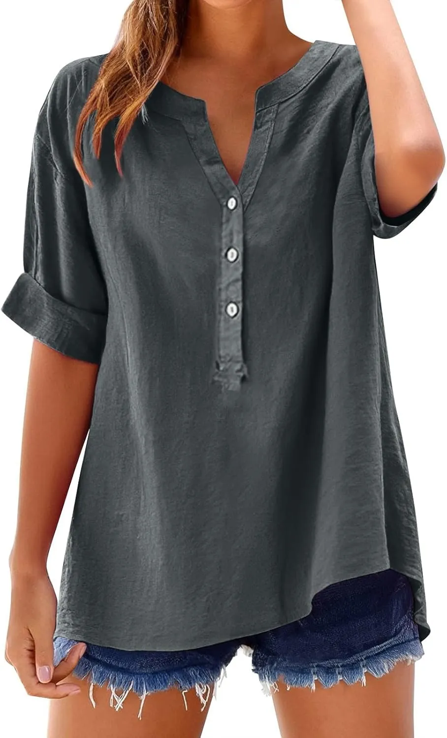 Linen Shirts for Women Breathable Tops Women's Loose Cotton Linen Blouses Womens 3/4 Length Sleeve Ladies Hemp Clothes