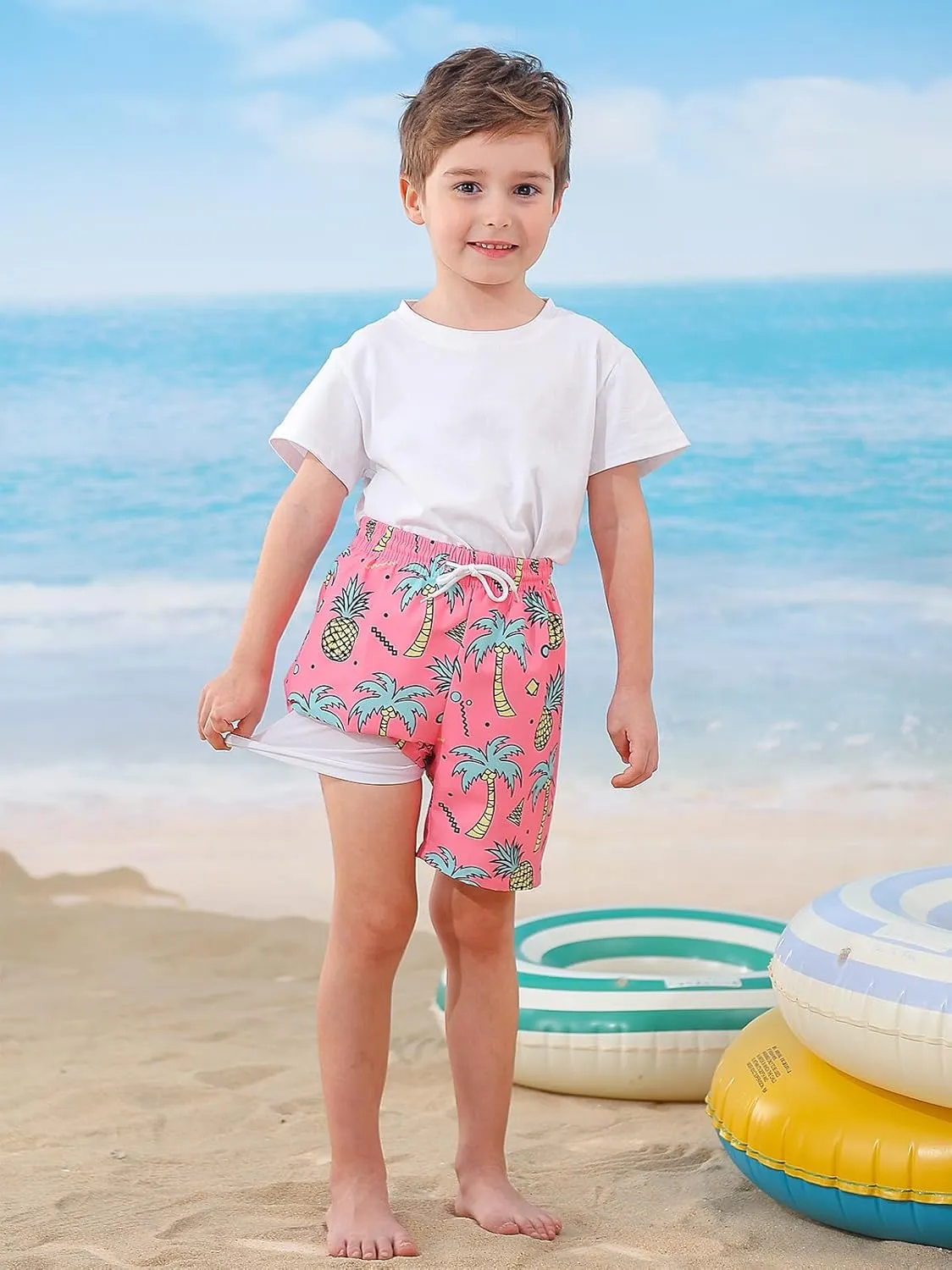 Little Boys Swim Trunks with Boxer Mesh Liner Swim Shorts Kids Quick Dry Bathing Suit Swimwear 4-12T