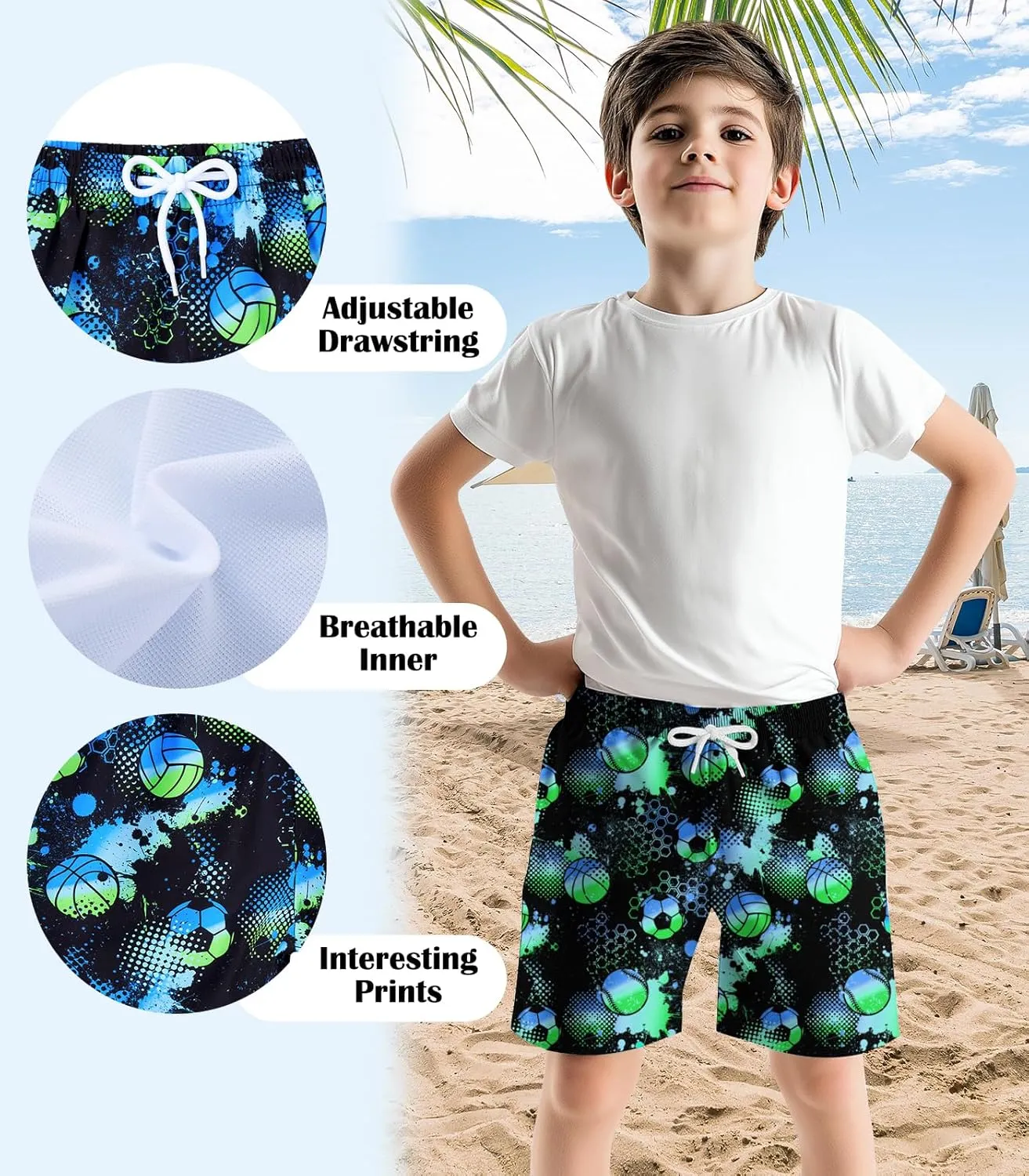 Little Boys Swim Trunks with Boxer Mesh Liner Swim Shorts Kids Quick Dry Bathing Suit Swimwear 4-12T