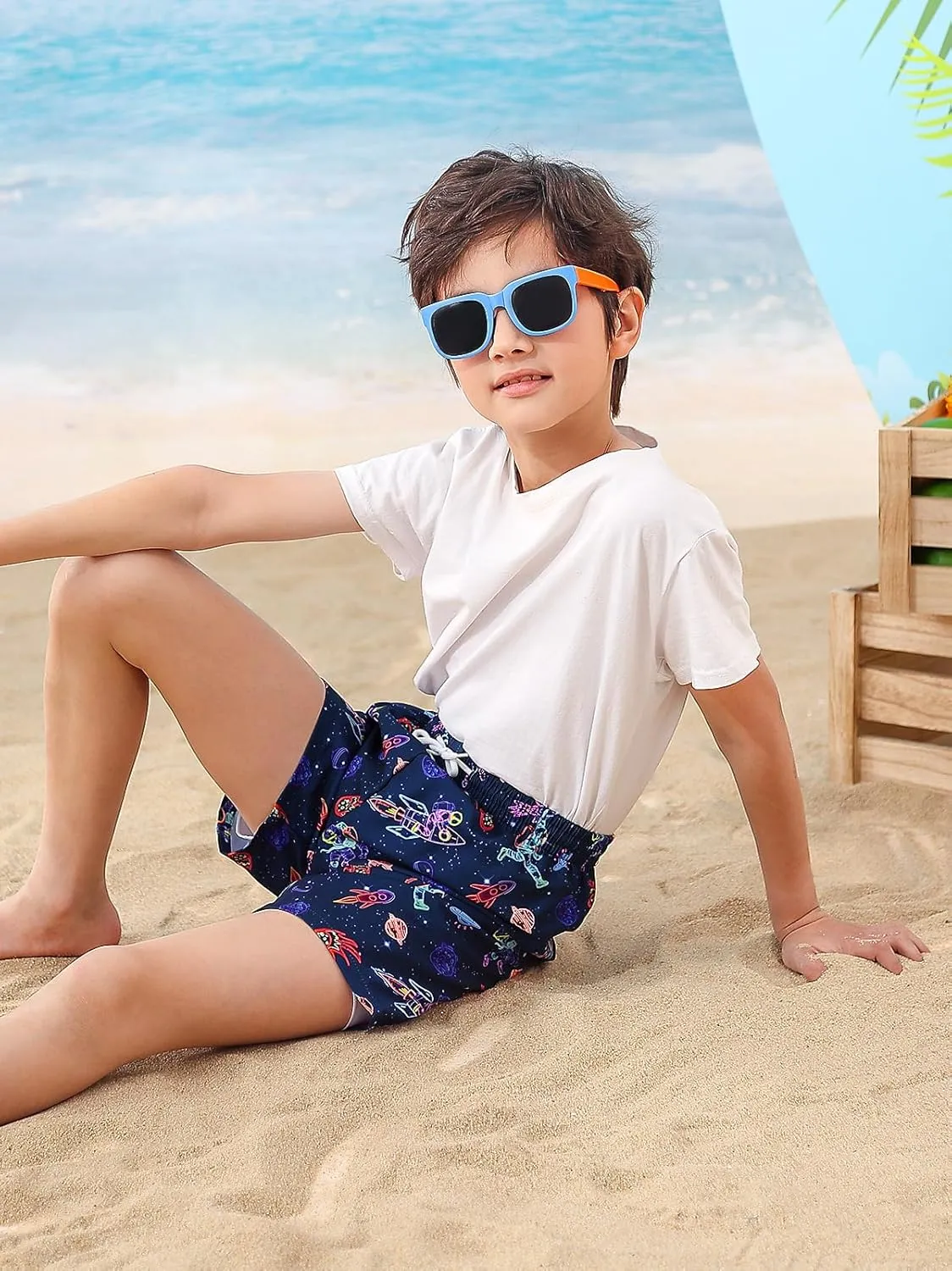 Little Boys Swim Trunks with Boxer Mesh Liner Swim Shorts Kids Quick Dry Bathing Suit Swimwear 4-12T
