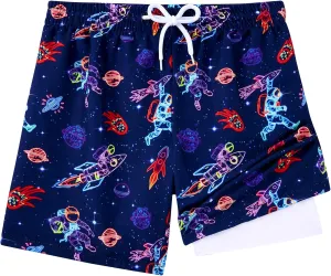 Little Boys Swim Trunks with Boxer Mesh Liner Swim Shorts Kids Quick Dry Bathing Suit Swimwear 4-12T