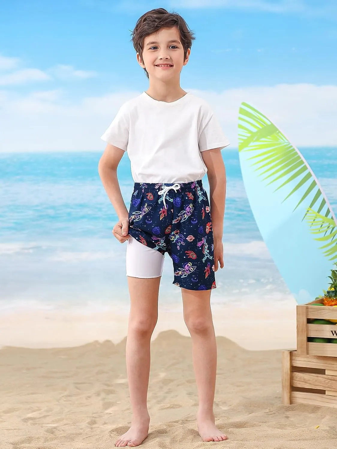 Little Boys Swim Trunks with Boxer Mesh Liner Swim Shorts Kids Quick Dry Bathing Suit Swimwear 4-12T