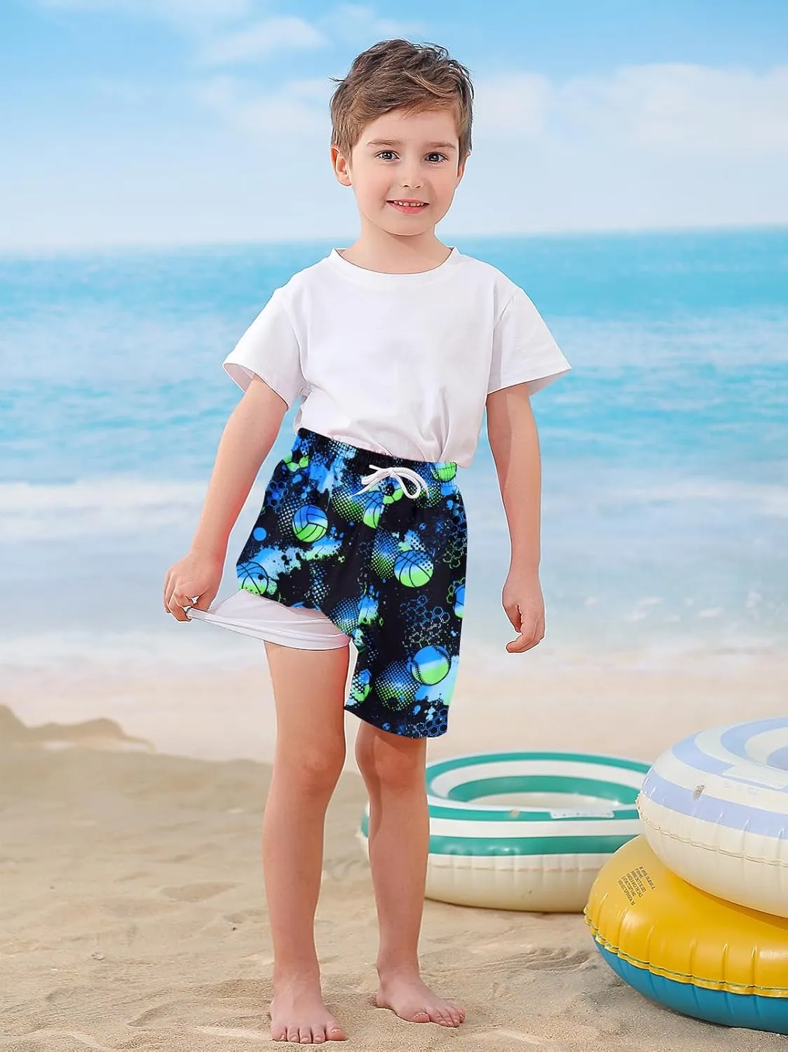 Little Boys Swim Trunks with Boxer Mesh Liner Swim Shorts Kids Quick Dry Bathing Suit Swimwear 4-12T