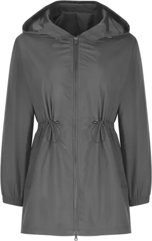 Lmdudan Women Long Raincoat with Hood Outdoor Lightweight Windbreaker Rain Jacket Waterproof Hiking Casual Softshell Jackets