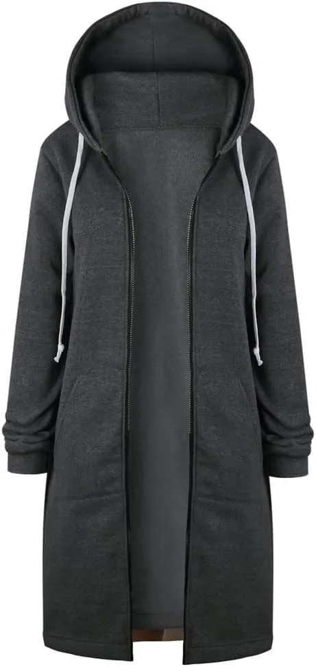 Long Hoodies for Women Oversized Zip Up Knee Length Tunic Sweatshirts Casual Long Sleeve Spring Hooded Jackets Pockets