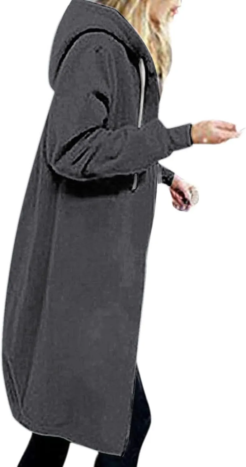 Long Hoodies for Women Oversized Zip Up Knee Length Tunic Sweatshirts Casual Long Sleeve Spring Hooded Jackets Pockets