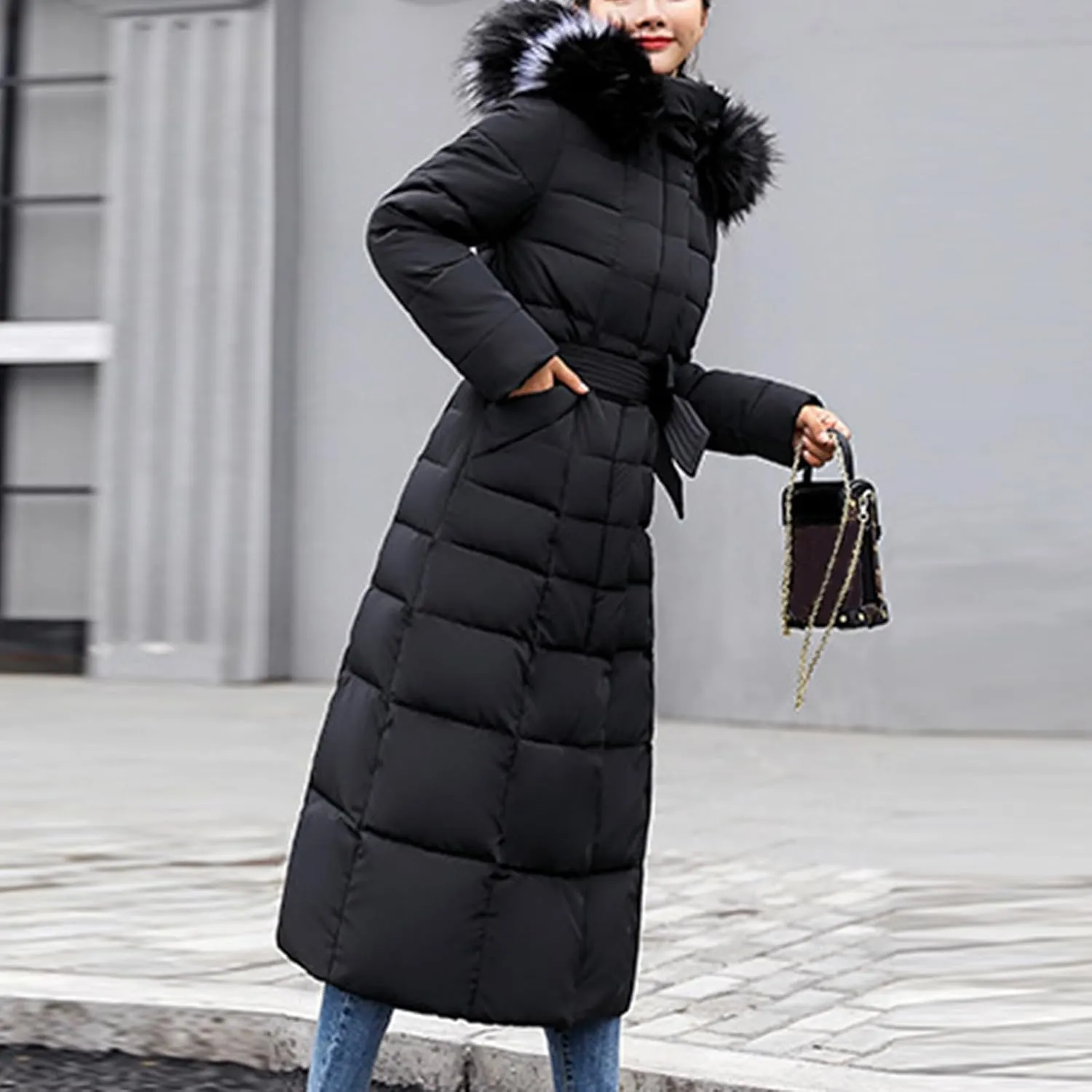 Long Puffer Jacket Women Maxi Length Quilted Down Jacket Winter Warm Padded Coat Outerwear with Fur Collar Hood