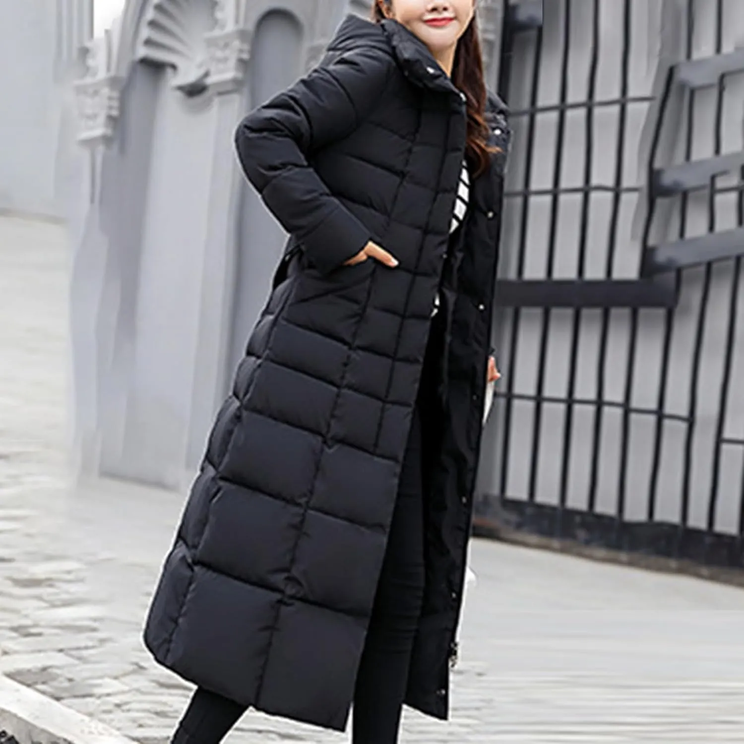 Long Puffer Jacket Women Maxi Length Quilted Down Jacket Winter Warm Padded Coat Outerwear with Fur Collar Hood