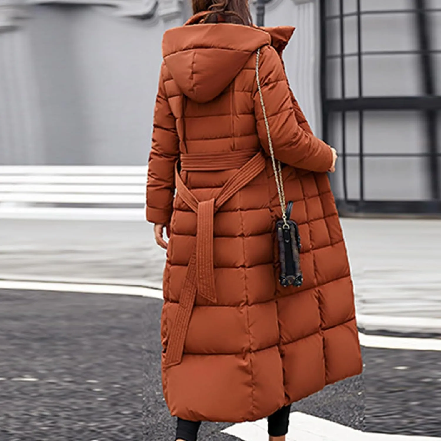 Long Puffer Jacket Women Maxi Length Quilted Down Jacket Winter Warm Padded Coat Outerwear with Fur Collar Hood