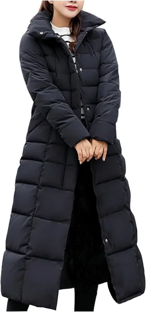 Long Puffer Jacket Women Maxi Length Quilted Down Jacket Winter Warm Padded Coat Outerwear with Fur Collar Hood