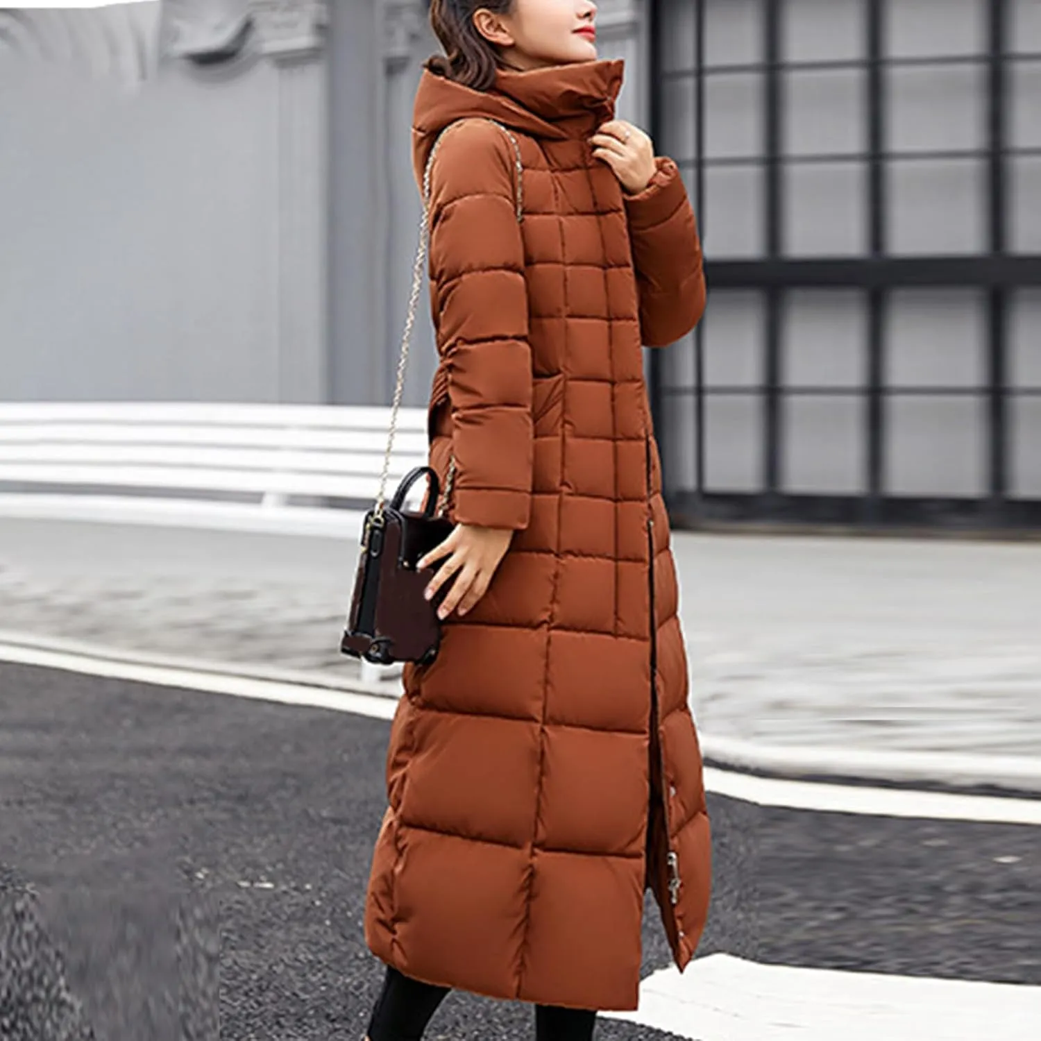 Long Puffer Jacket Women Maxi Length Quilted Down Jacket Winter Warm Padded Coat Outerwear with Fur Collar Hood