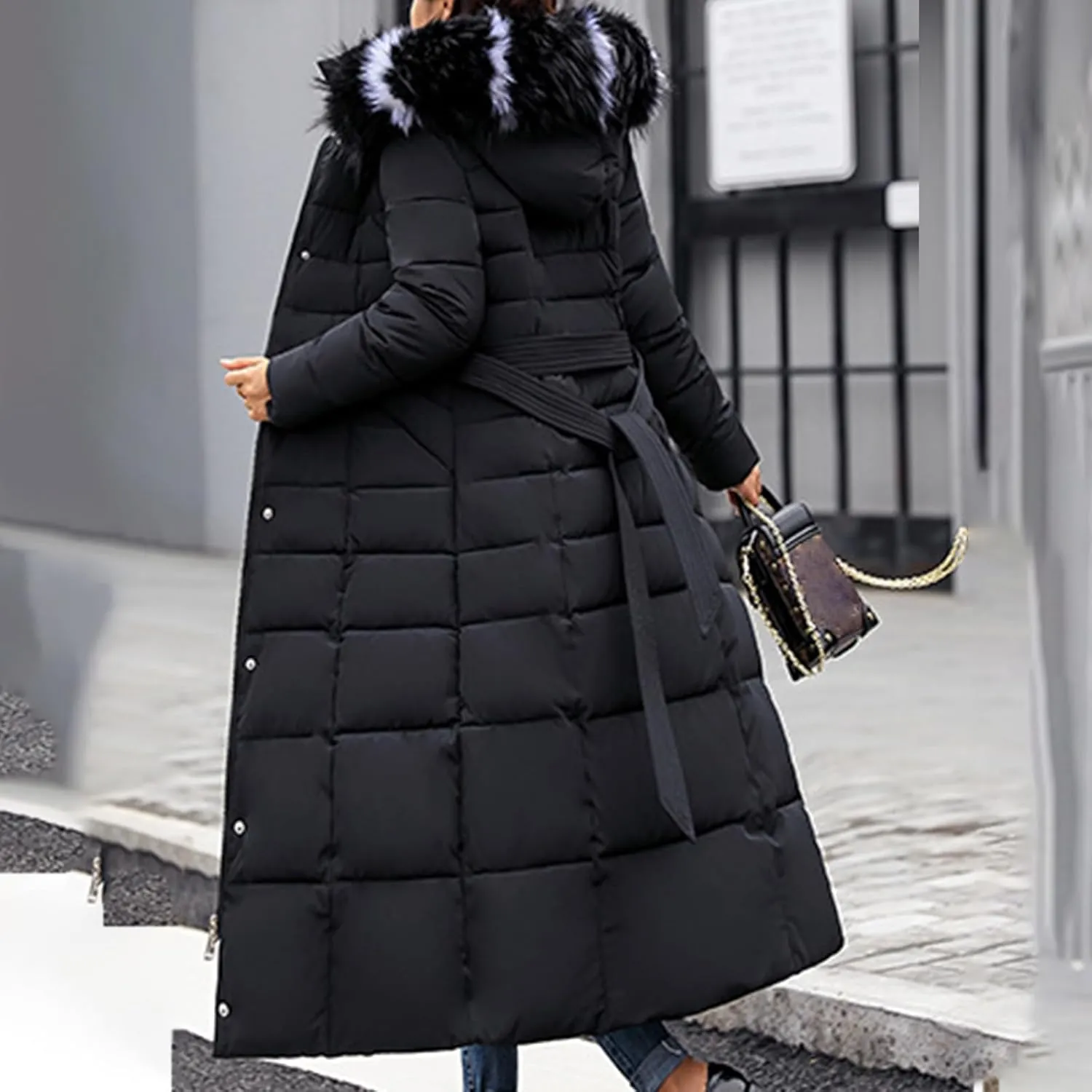 Long Puffer Jacket Women Maxi Length Quilted Down Jacket Winter Warm Padded Coat Outerwear with Fur Collar Hood