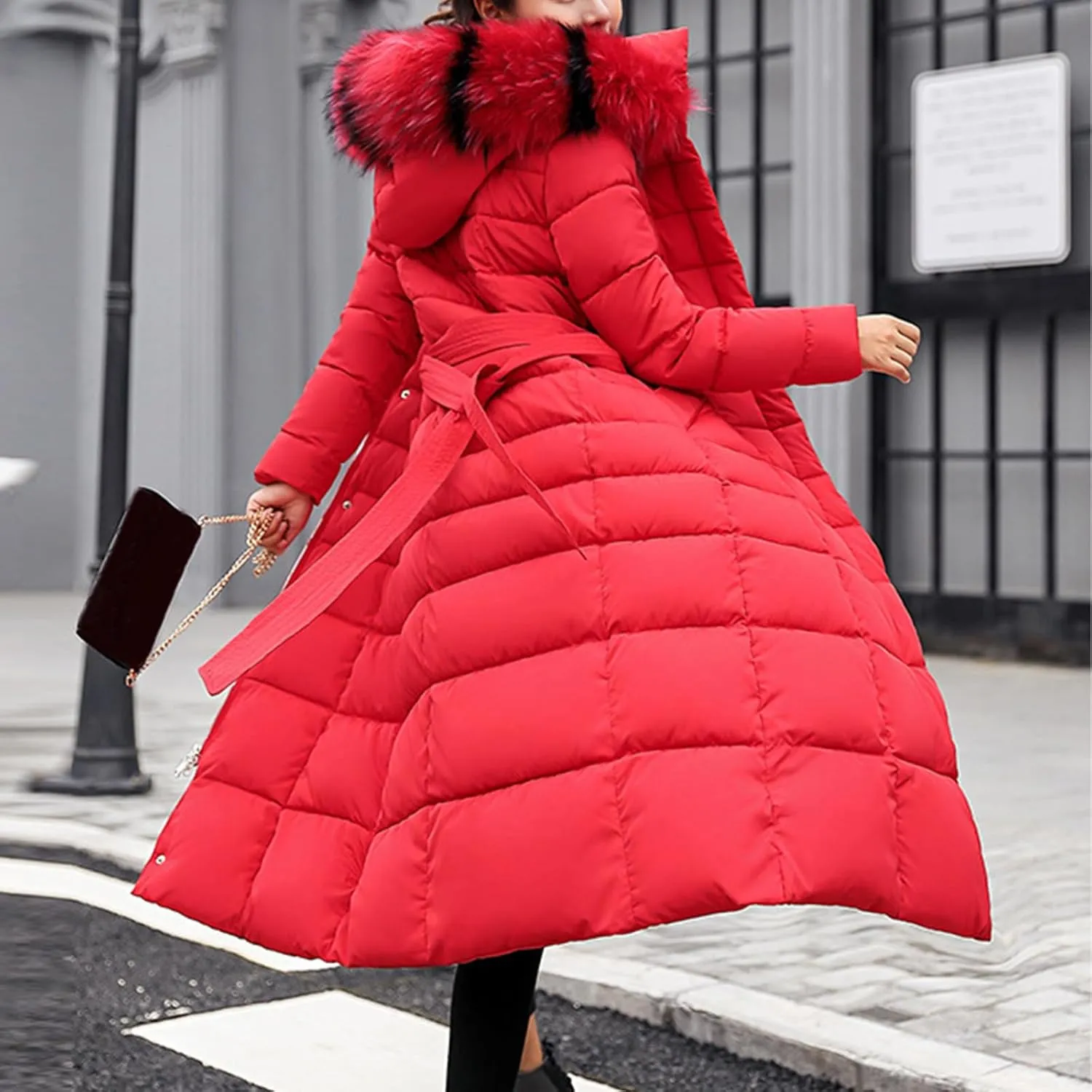 Long Puffer Jacket Women Maxi Length Quilted Down Jacket Winter Warm Padded Coat Outerwear with Fur Collar Hood