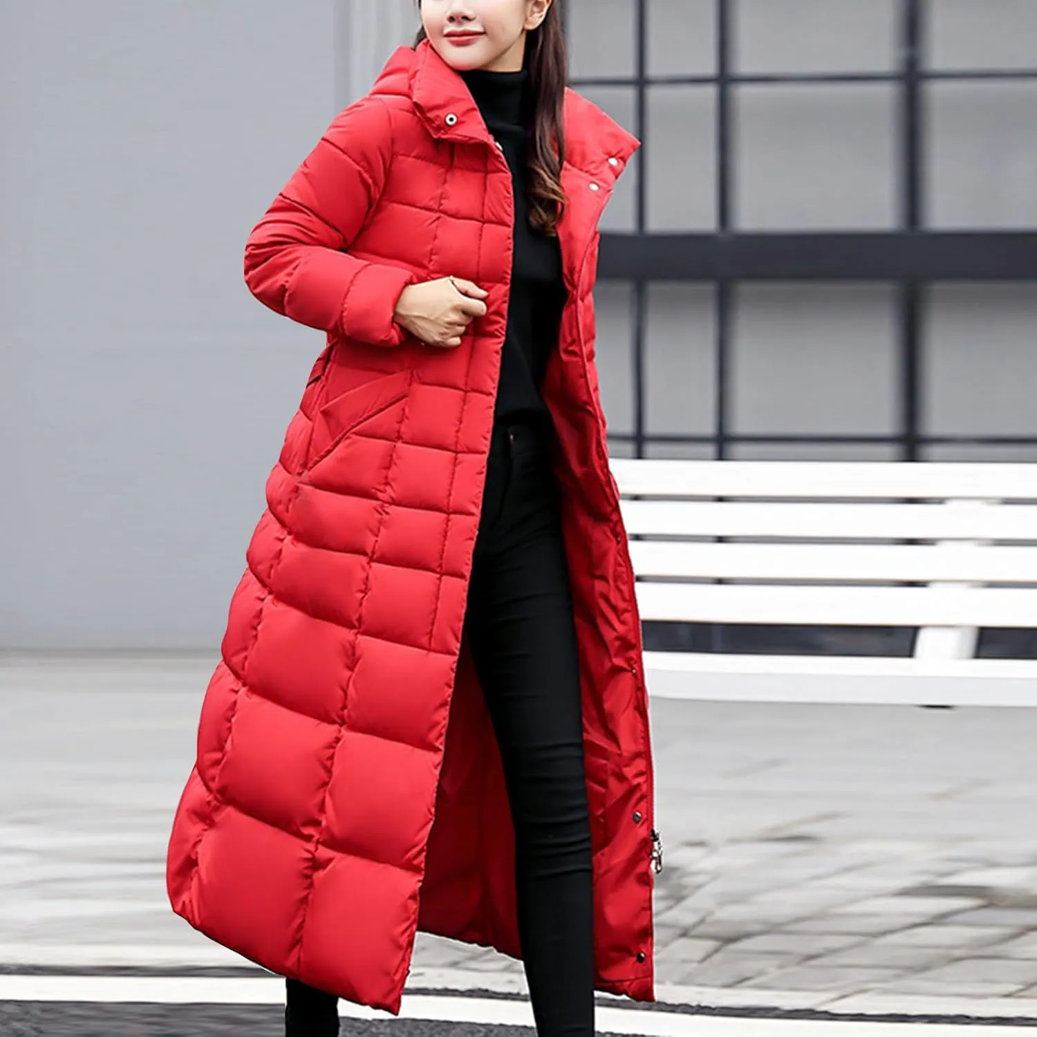Long Puffer Jacket Women Maxi Length Quilted Down Jacket Winter Warm Padded Coat Outerwear with Fur Collar Hood