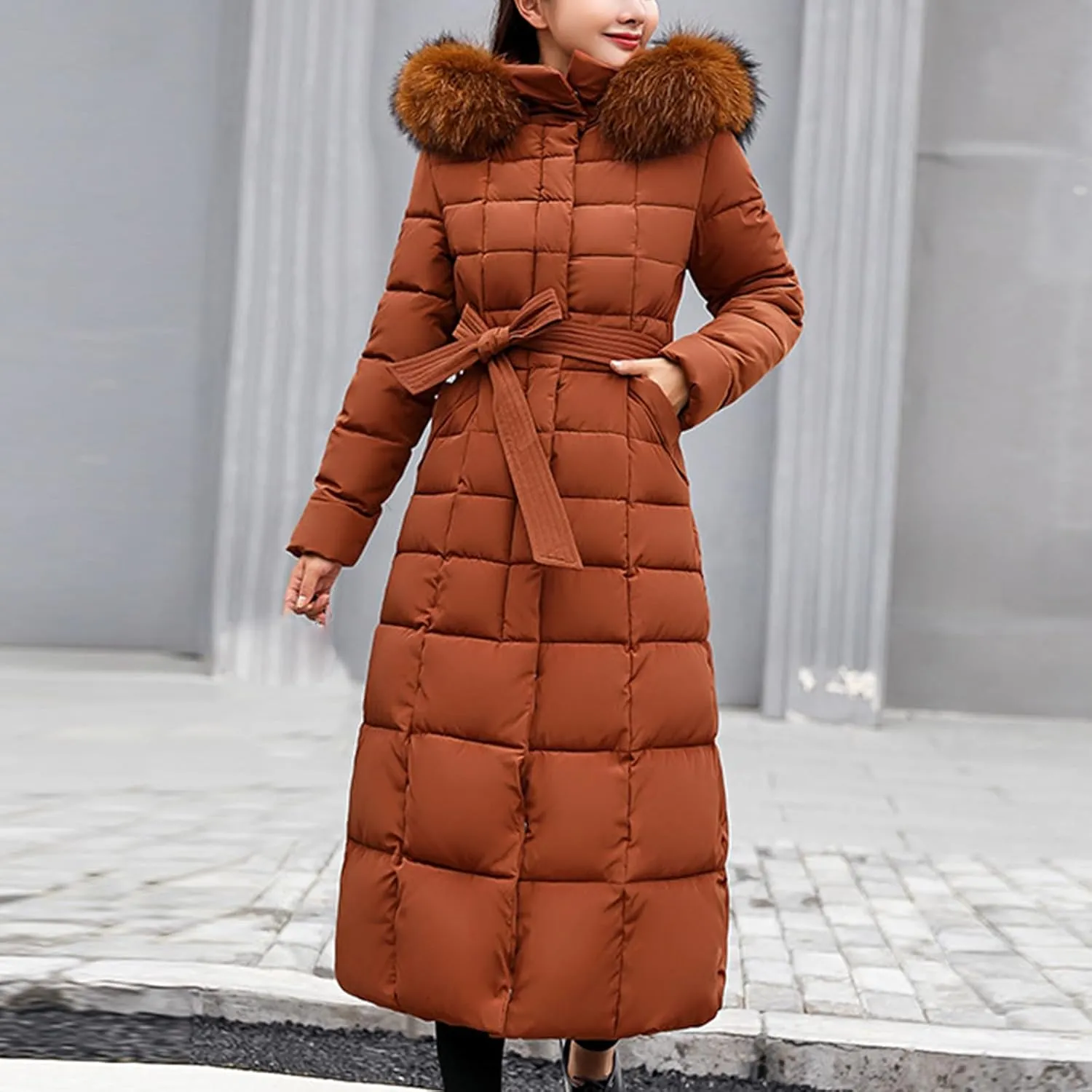 Long Puffer Jacket Women Maxi Length Quilted Down Jacket Winter Warm Padded Coat Outerwear with Fur Collar Hood