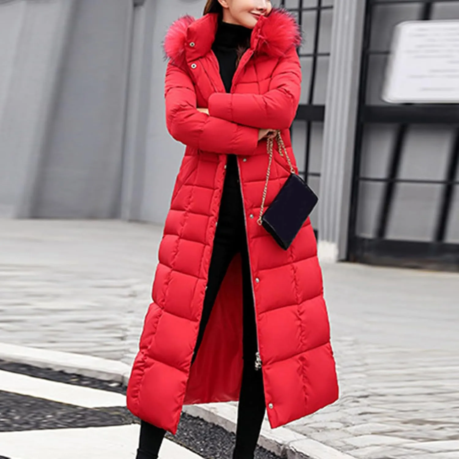 Long Puffer Jacket Women Maxi Length Quilted Down Jacket Winter Warm Padded Coat Outerwear with Fur Collar Hood