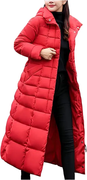 Long Puffer Jacket Women Maxi Length Quilted Down Jacket Winter Warm Padded Coat Outerwear with Fur Collar Hood