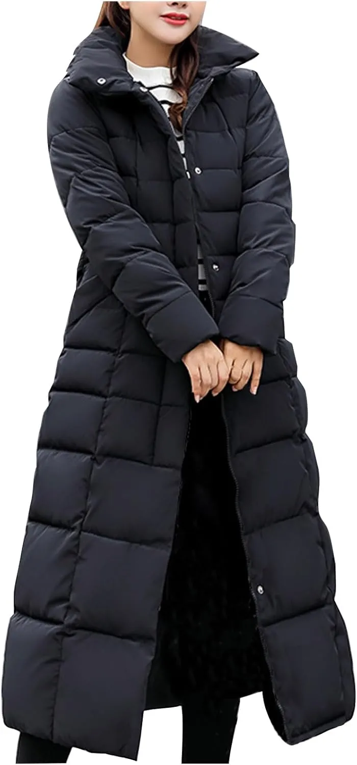 Long Puffer Jacket Women Maxi Length Quilted Down Jacket Winter Warm Padded Coat Outerwear with Fur Collar Hood