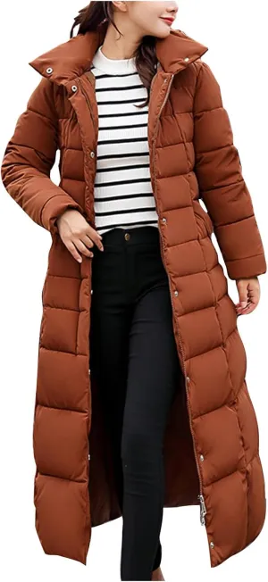 Long Puffer Jacket Women Maxi Length Quilted Down Jacket Winter Warm Padded Coat Outerwear with Fur Collar Hood