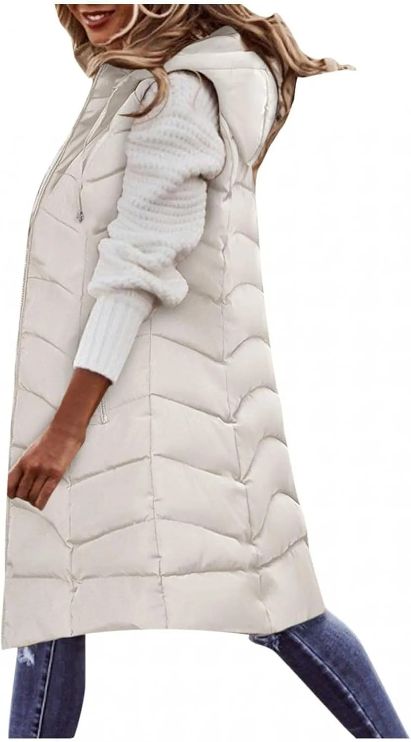 Long Puffer Vest for Women Sleeveless Hooded Quilted Down Jackets Zip Up Lightweight Warm Winter Gilet Coat Outerwear