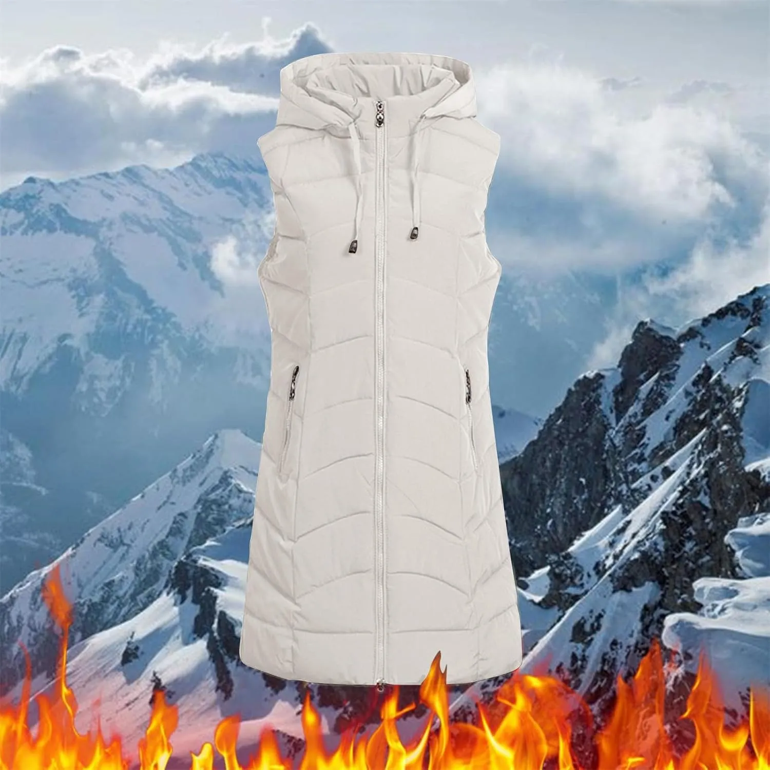 Long Puffer Vest for Women Sleeveless Hooded Quilted Down Jackets Zip Up Lightweight Warm Winter Gilet Coat Outerwear