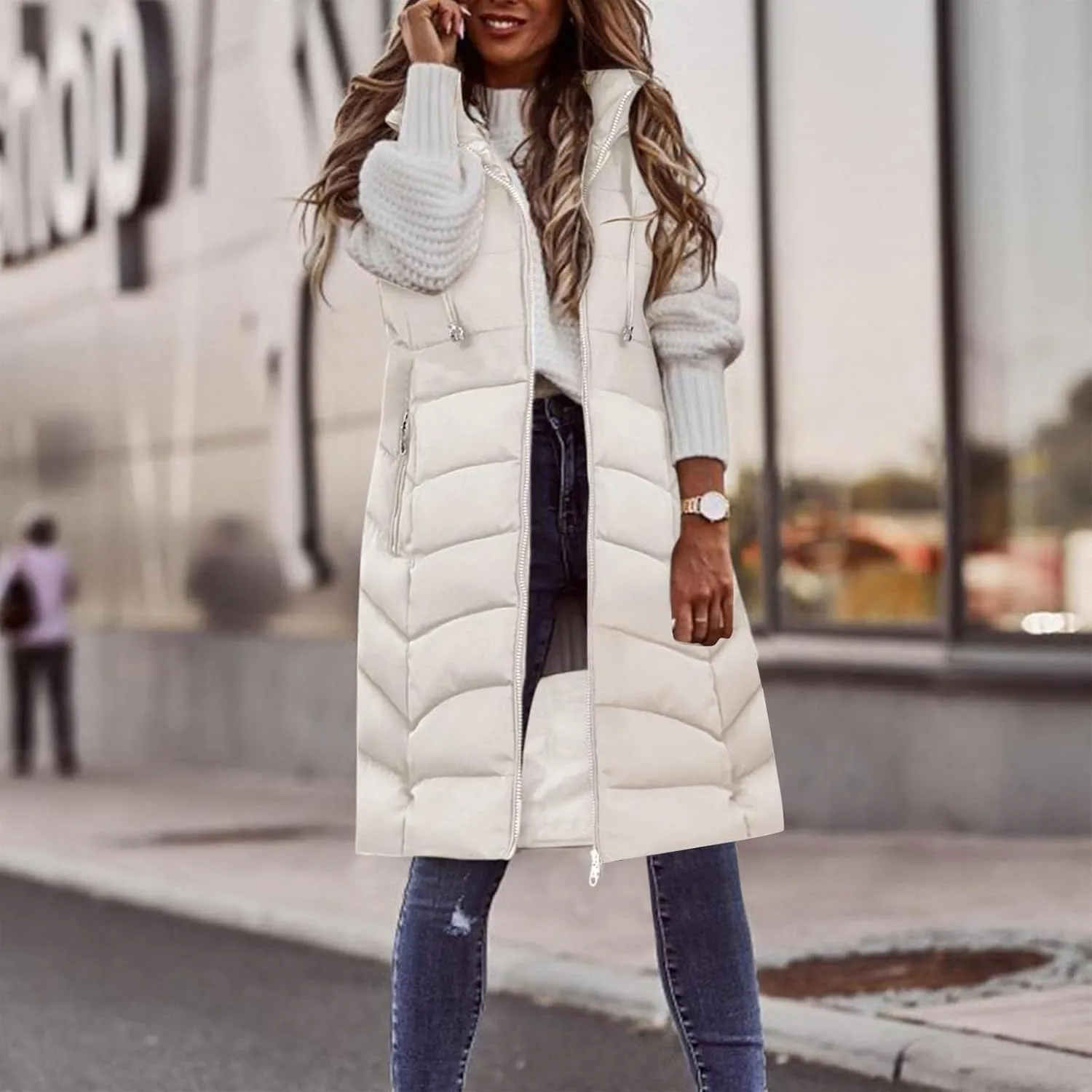 Long Puffer Vest for Women Sleeveless Hooded Quilted Down Jackets Zip Up Lightweight Warm Winter Gilet Coat Outerwear