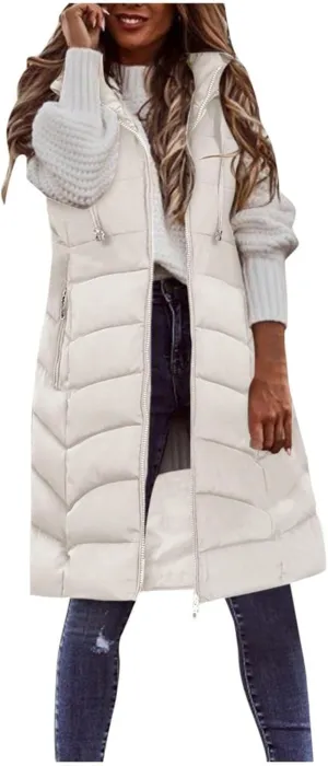 Long Puffer Vest for Women Sleeveless Hooded Quilted Down Jackets Zip Up Lightweight Warm Winter Gilet Coat Outerwear