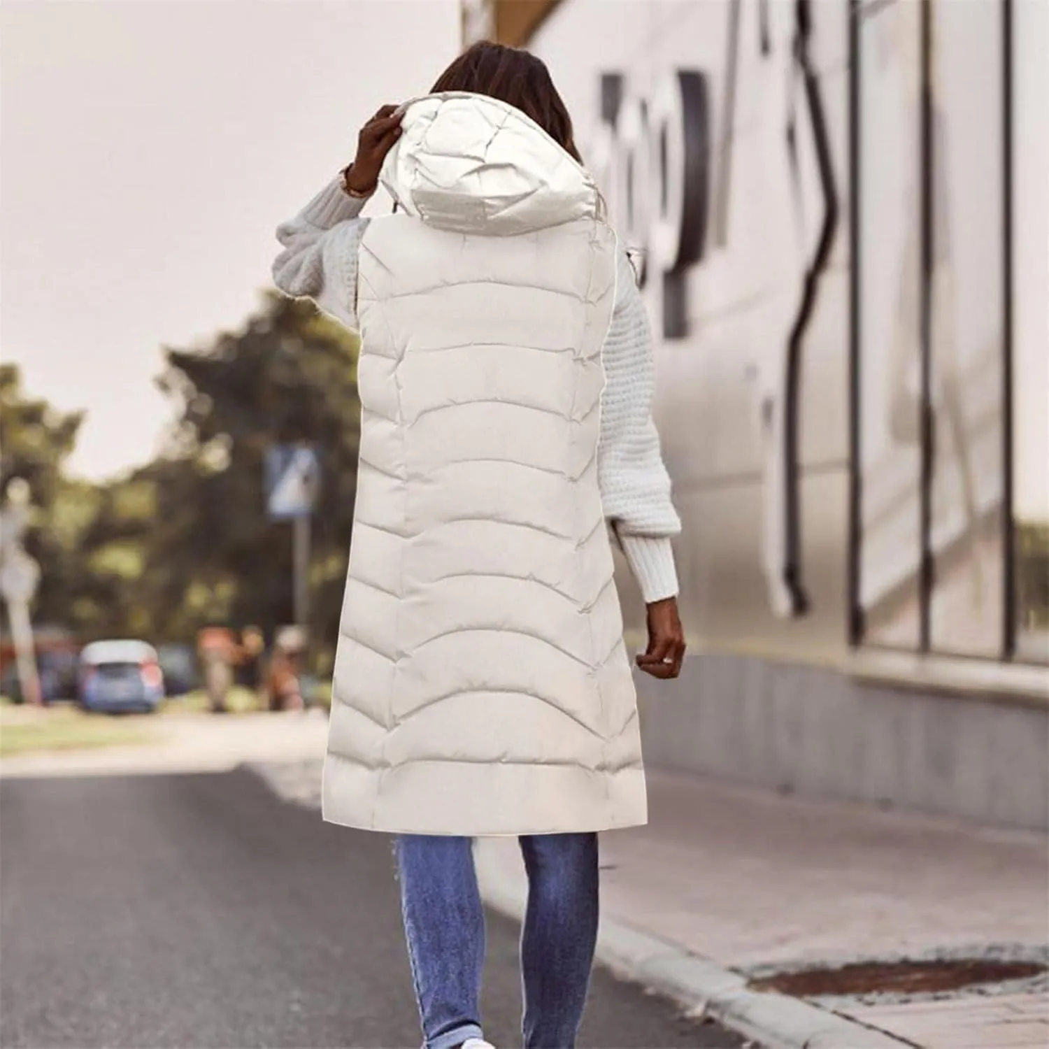 Long Puffer Vest for Women Sleeveless Hooded Quilted Down Jackets Zip Up Lightweight Warm Winter Gilet Coat Outerwear