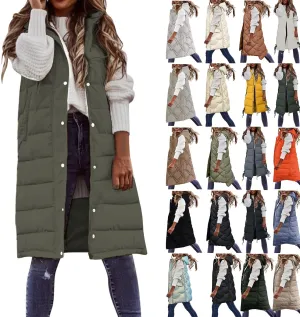 Long Puffer Vest for Women Sleveless Hoodies Quilted Vest Oversized Outdoor Puffer Down Coats Thickened Warm Jackets