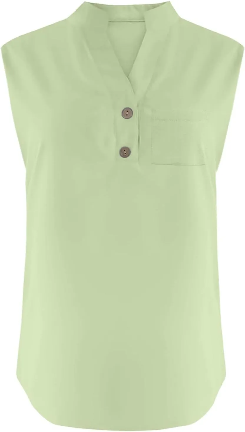 Loose Fit Linen Tank Tops for Women Sleeveless V-Neck Button Cami Shirts with Side Slits Beach Vacation Outfits​