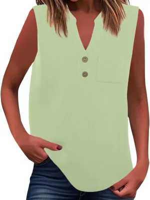 Loose Fit Linen Tank Tops for Women Sleeveless V-Neck Button Cami Shirts with Side Slits Beach Vacation Outfits​
