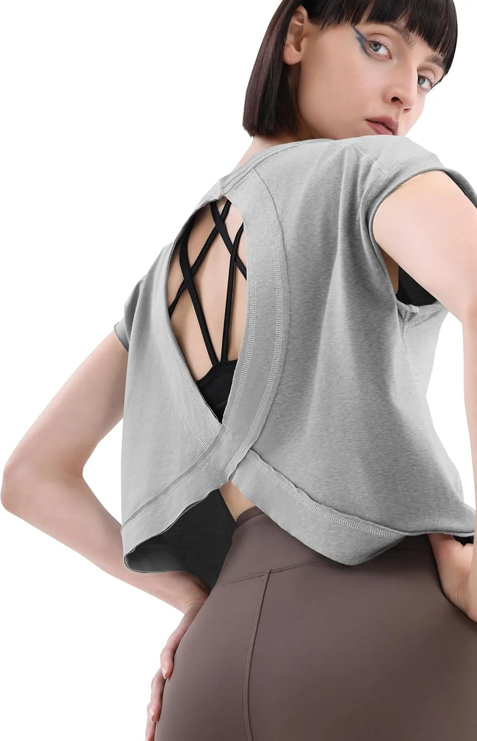 Loovoo Women's Open Back Workout Crop Tops Short Sleeve Yoga Shirts Cute Athletic Running Casual Backless Top Loose Fit