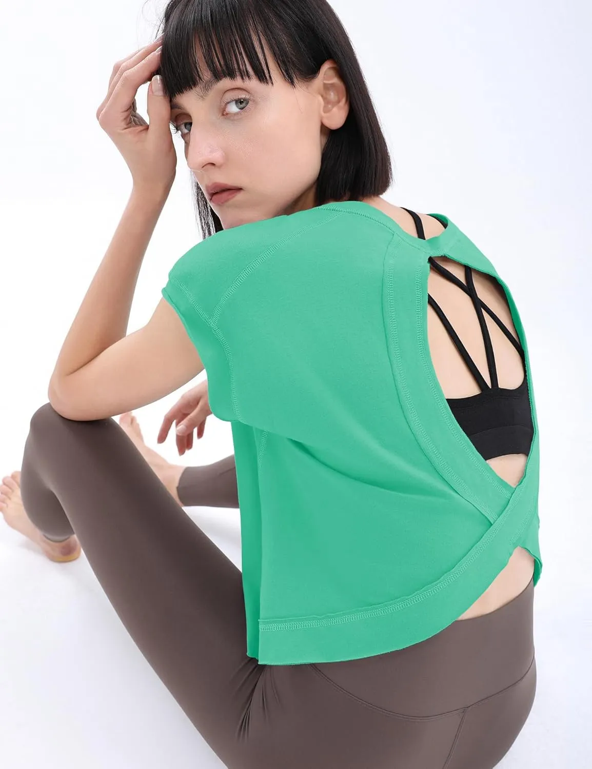 Loovoo Women's Open Back Workout Crop Tops Short Sleeve Yoga Shirts Cute Athletic Running Casual Backless Top Loose Fit
