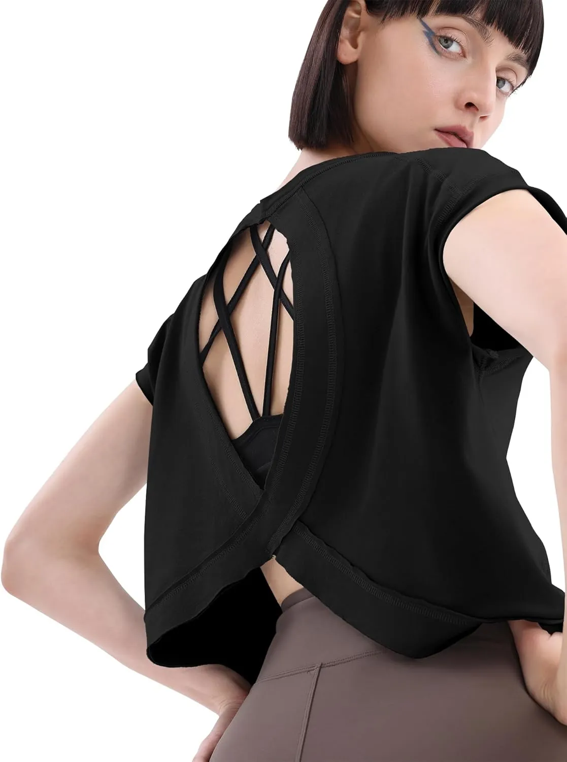 Loovoo Women's Open Back Workout Crop Tops Short Sleeve Yoga Shirts Cute Athletic Running Casual Backless Top Loose Fit