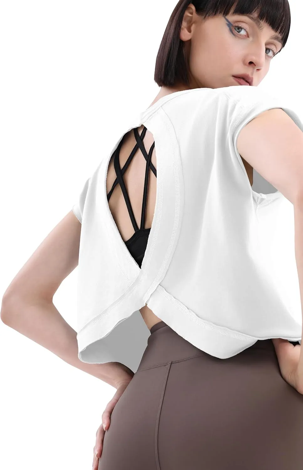 Loovoo Women's Open Back Workout Crop Tops Short Sleeve Yoga Shirts Cute Athletic Running Casual Backless Top Loose Fit