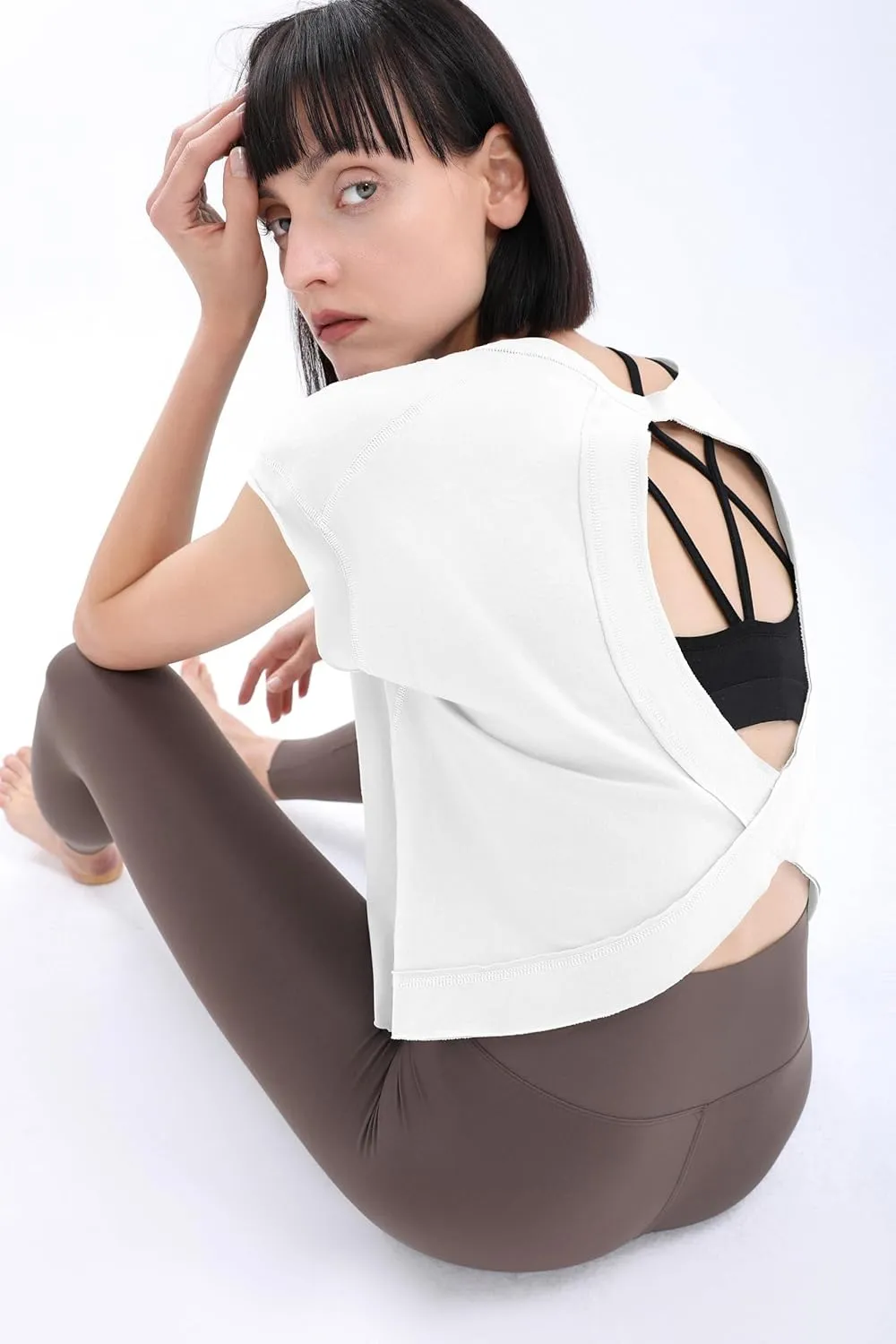 Loovoo Women's Open Back Workout Crop Tops Short Sleeve Yoga Shirts Cute Athletic Running Casual Backless Top Loose Fit