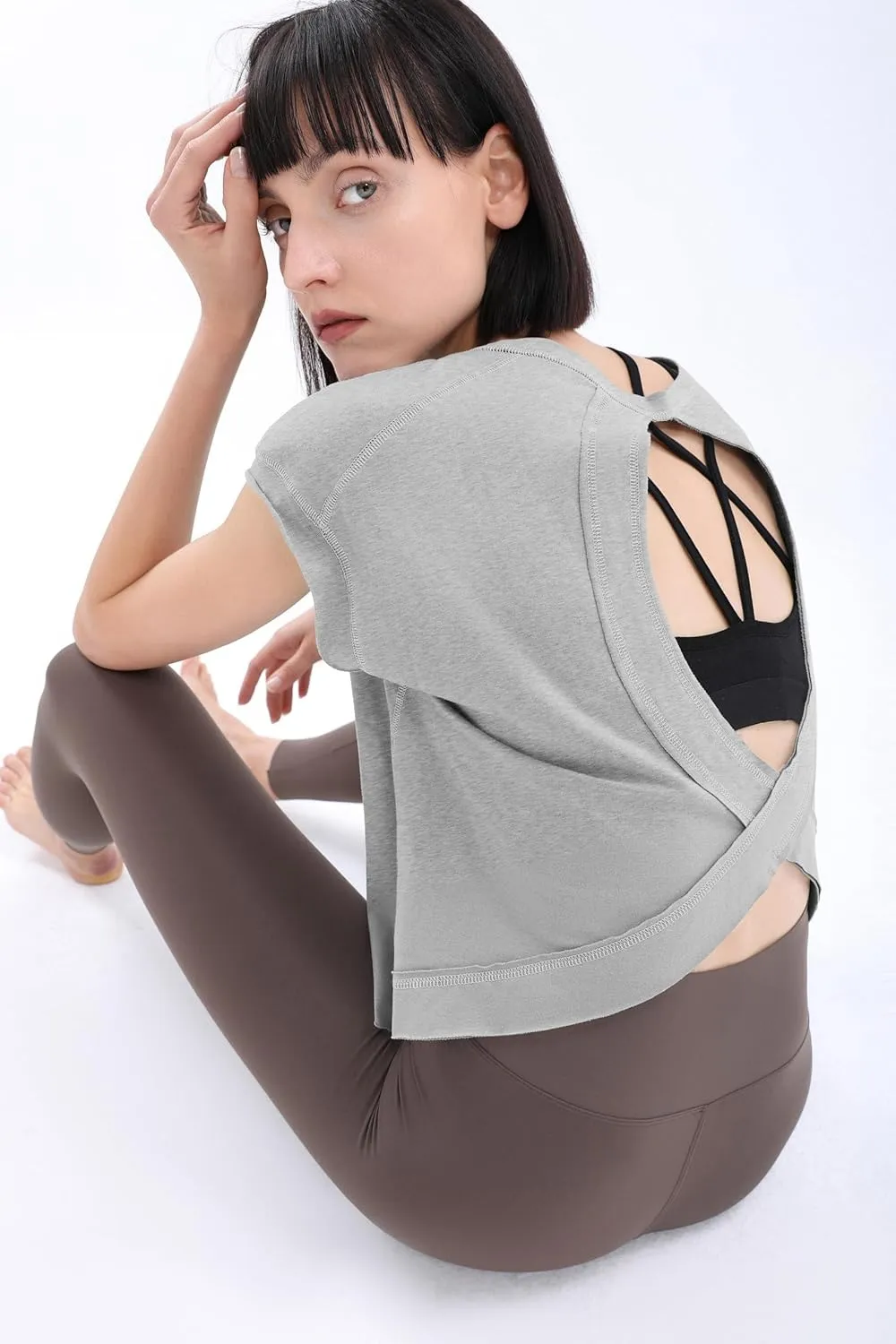Loovoo Women's Open Back Workout Crop Tops Short Sleeve Yoga Shirts Cute Athletic Running Casual Backless Top Loose Fit