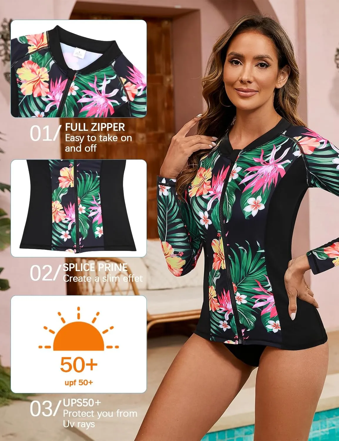 LURANEE Women's Zip Up Rash Guards for Women Long Sleeve Swimsuit UV Sun Protection Swim Shirts