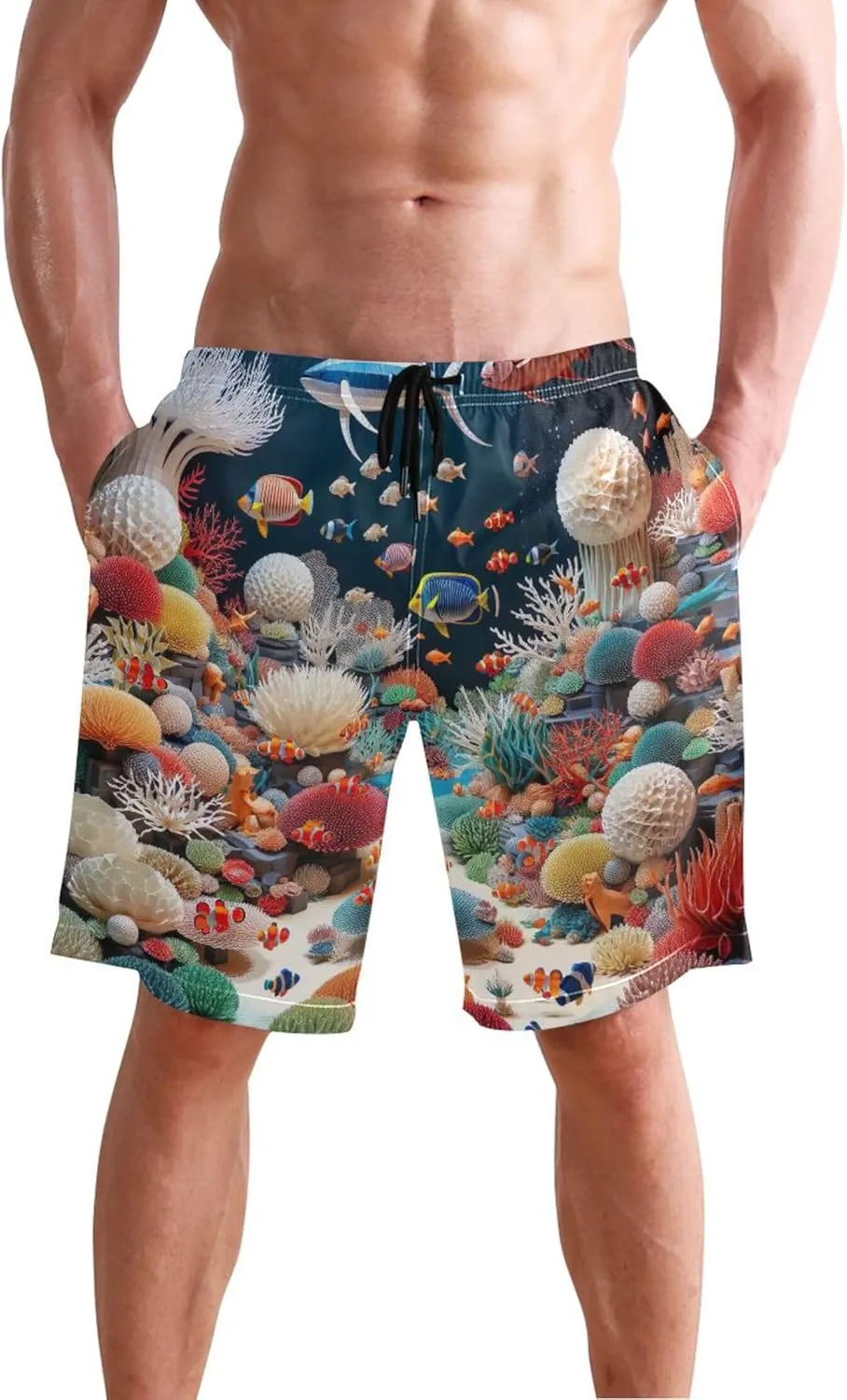 Marine World Coral Men Swim Trunks Funny Swimwear Bathing Suit Surf Beach Swimming Shorts S