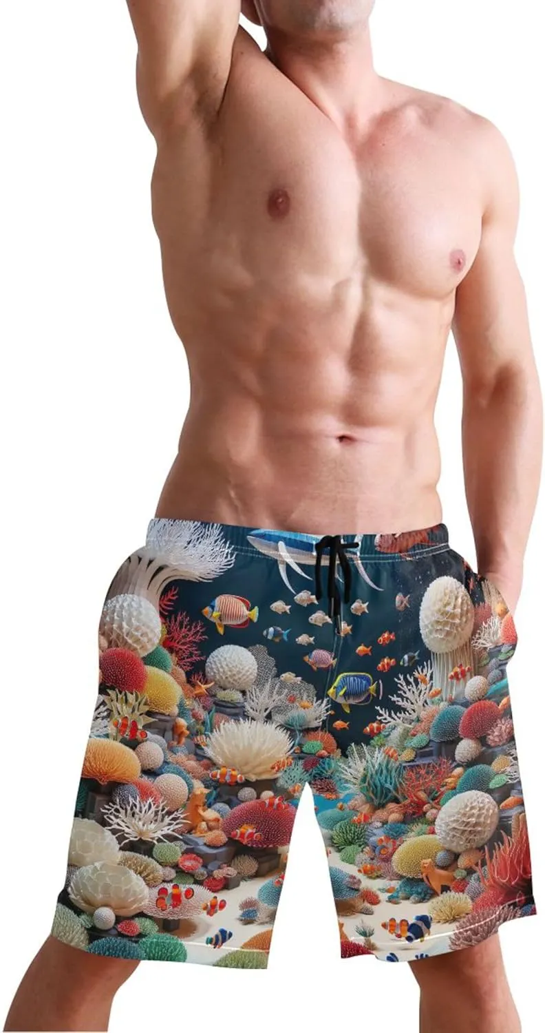 Marine World Coral Men Swim Trunks Funny Swimwear Bathing Suit Surf Beach Swimming Shorts S