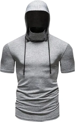 Men Hooded T Shirts Summer Casual Short Sleeve Performance Hoodie with Face Mask Hooded Tops Workout Athletic Shirts