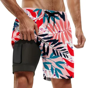 Men Swim Trunks with Compresssion Liner 7 Inch Inseam Board Shorts Bathing Suit with Zipper Pockets
