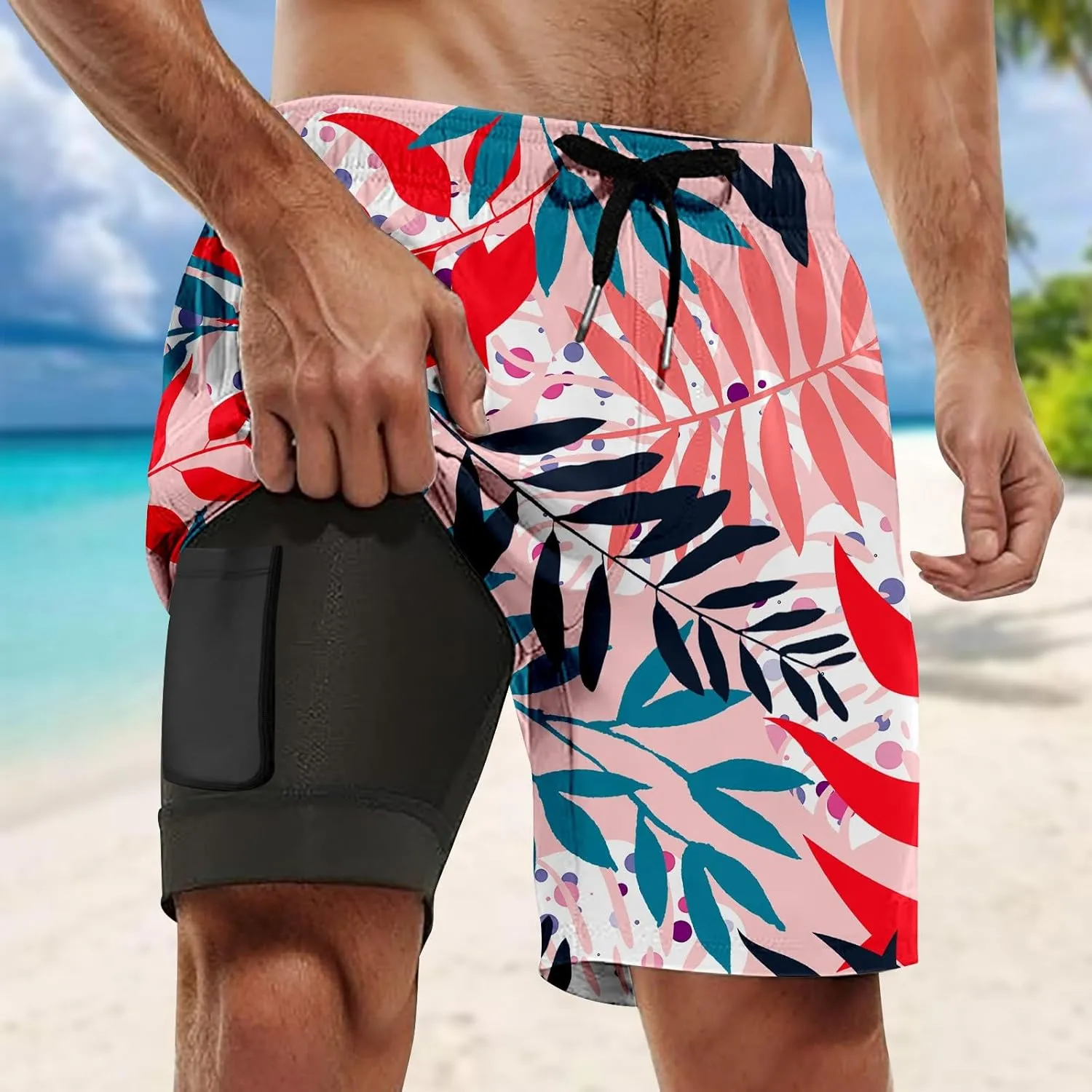 Men Swim Trunks with Compresssion Liner 7 Inch Inseam Board Shorts Bathing Suit with Zipper Pockets