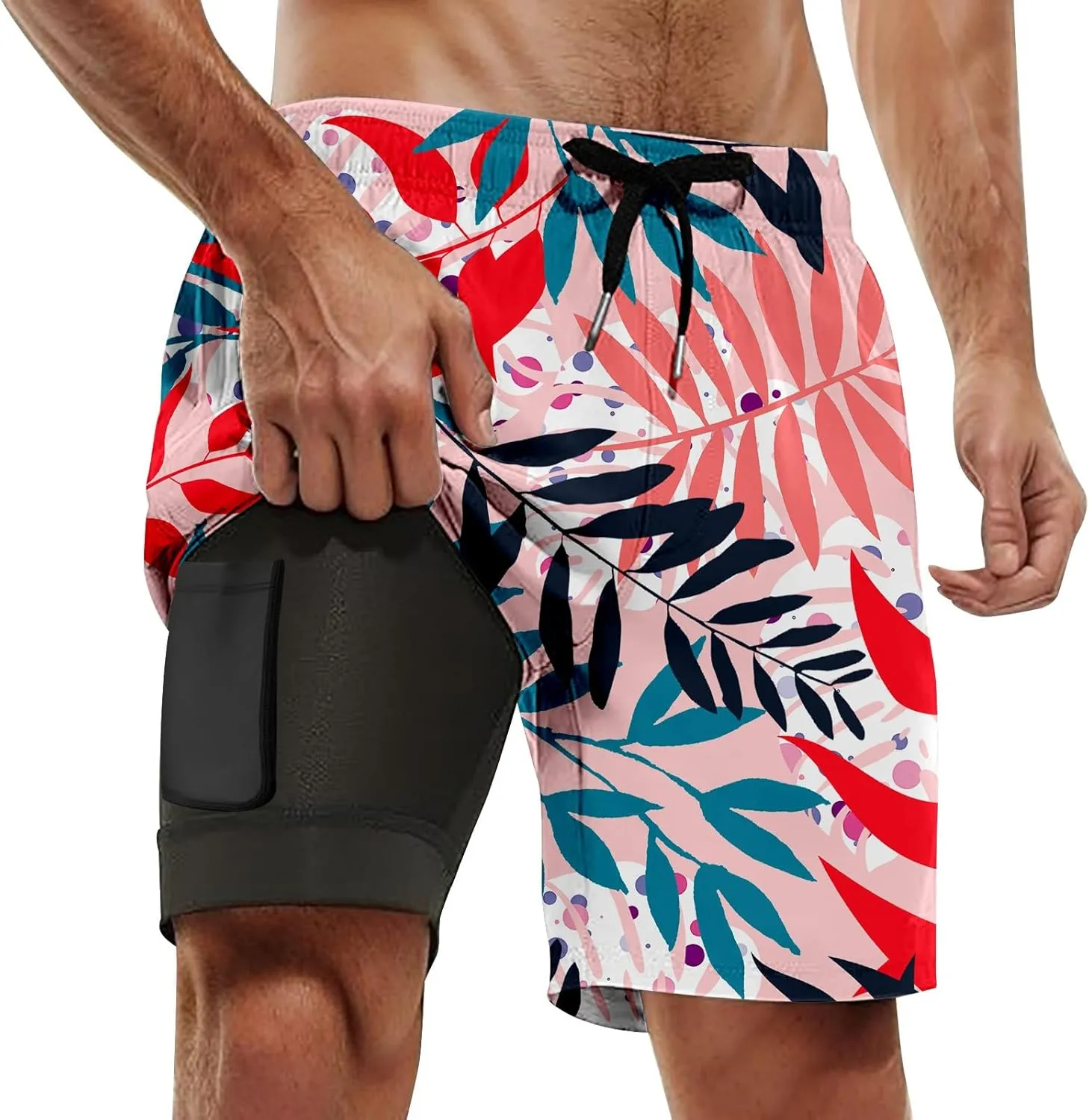 Men Swim Trunks with Compresssion Liner 7 Inch Inseam Board Shorts Bathing Suit with Zipper Pockets