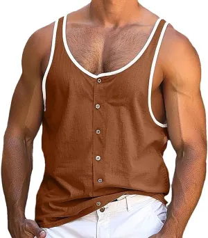 Men's Button Down Tank Top Solid Color Fashion Sleeveless Top Gym Workout Running Athletic Quick Dry Summer Muscle Shirt