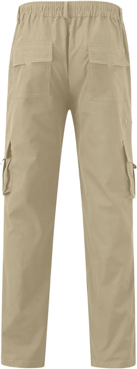 Men's Cargo Pants Casual Solid Color Trousers Straight Leg Elastic Waistband Joggers Sport Sweatpants with Pockets