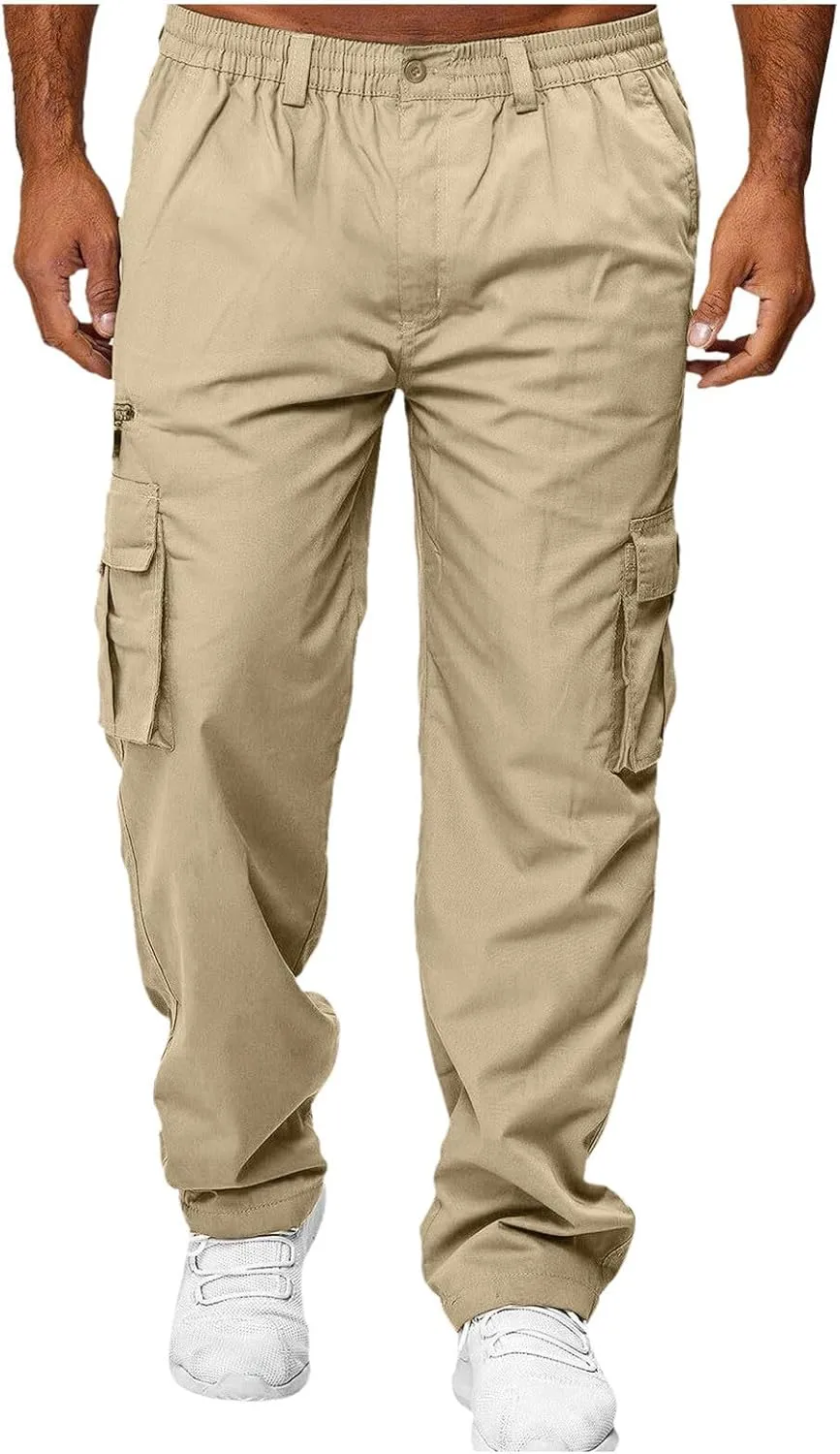 Men's Cargo Pants Casual Solid Color Trousers Straight Leg Elastic Waistband Joggers Sport Sweatpants with Pockets