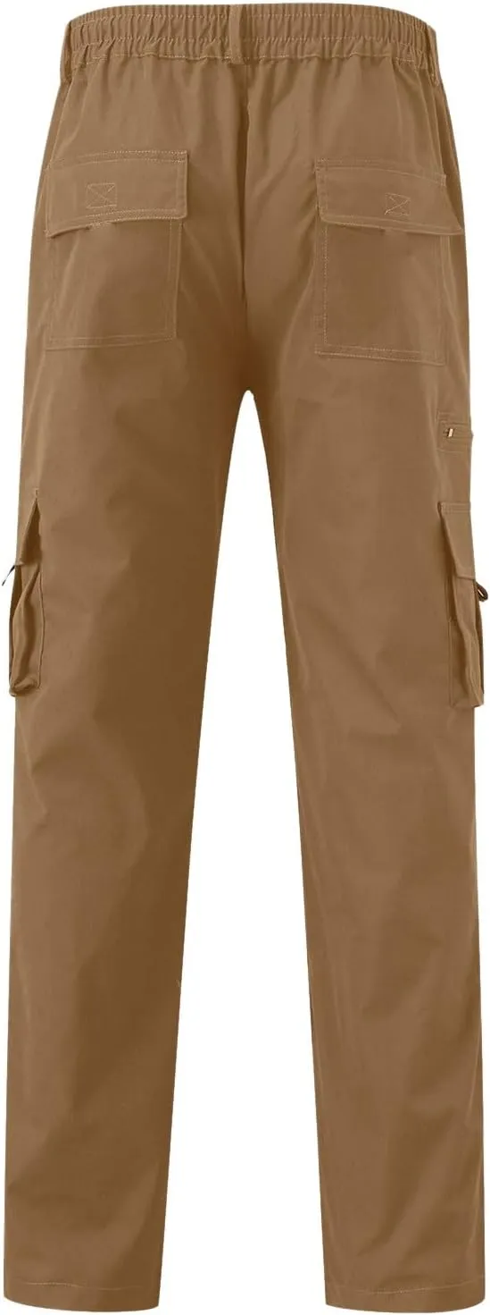 Men's Cargo Pants Casual Solid Color Trousers Straight Leg Elastic Waistband Joggers Sport Sweatpants with Pockets